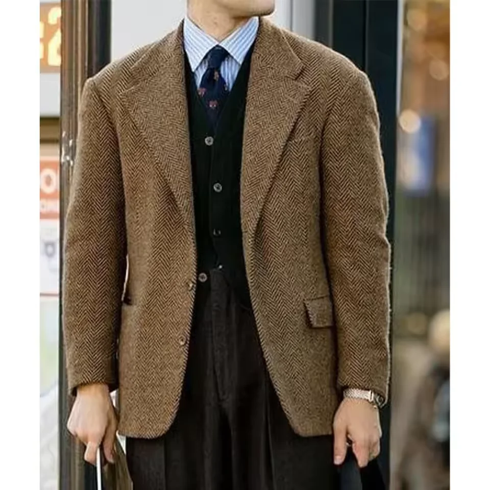 

Mens Herringbone Suit Jacket Single Breasted Comfortable Breathable Slim Fit Blazer Business Casual Mens Jacket Modern Tailored