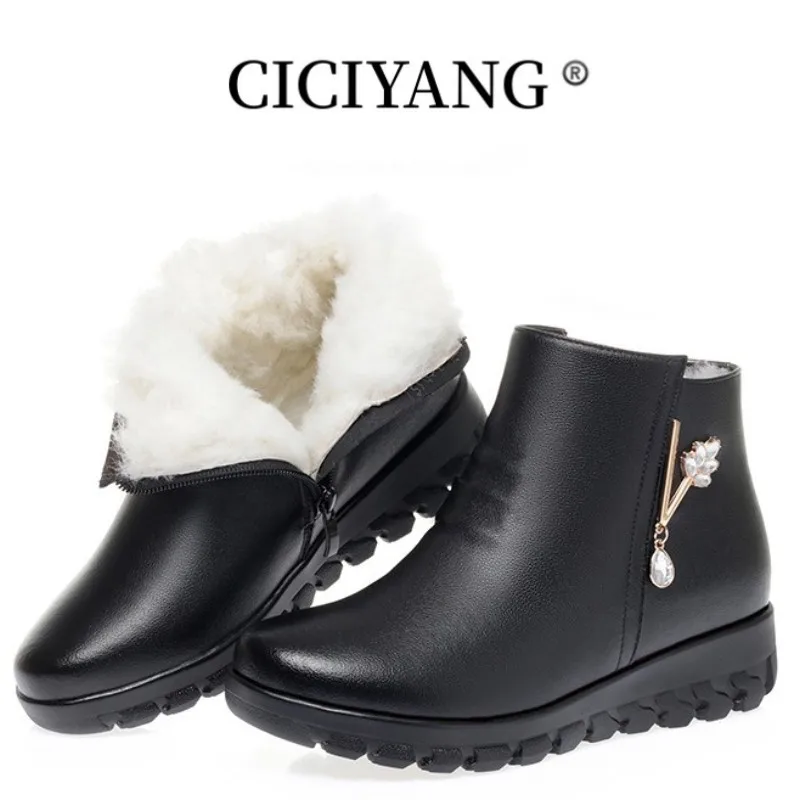 CICIYANG Women Ankle Boots Winter Fashion Anti-slip Genuine Leather Women Snow Boots Mid Heel Large Size Mother Booties Women