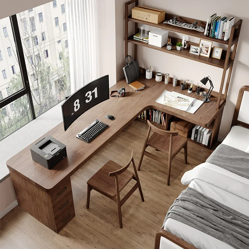 

Double solid wood corner desk bookshelf integrated l-shaped computer desk corner long workbench