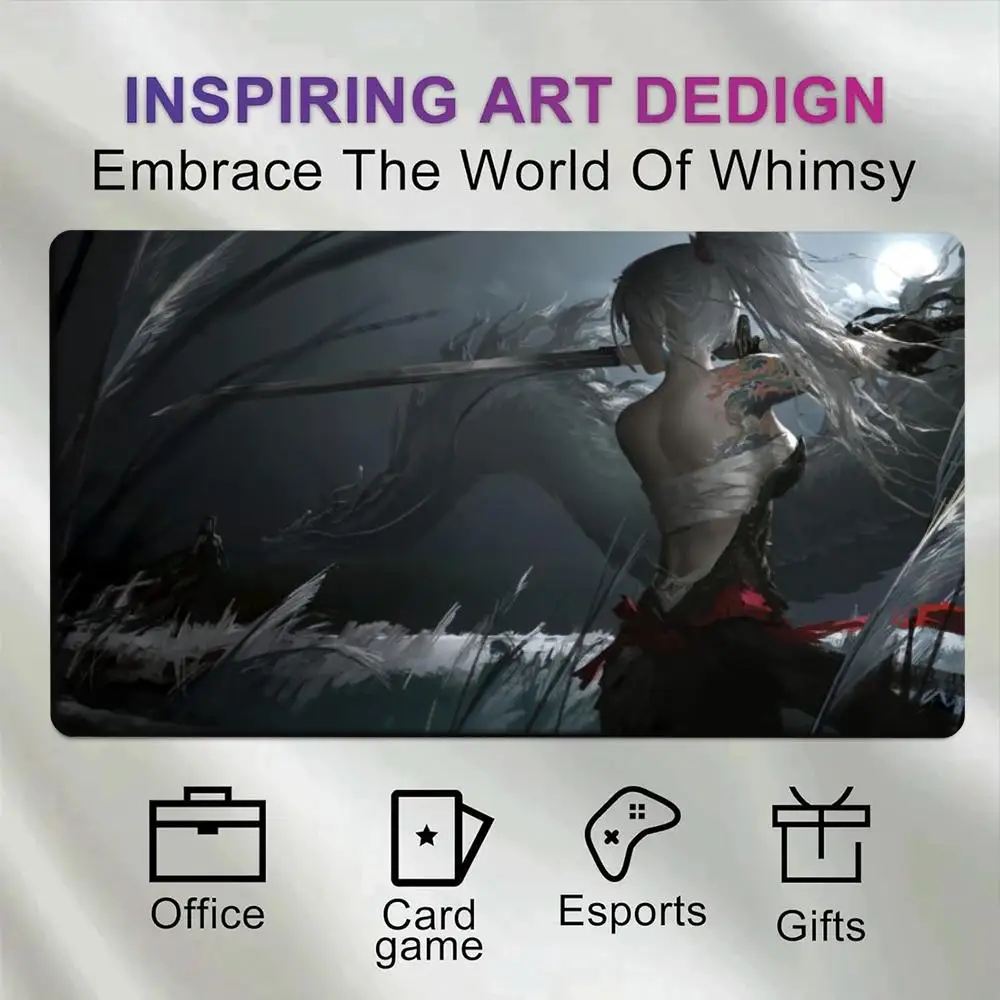 Large Gaming Mouse Pad Oriental Female Samurai Dragon Art Non-Slip Rubber Desk Mat for PC Computer Office Gamer Gift