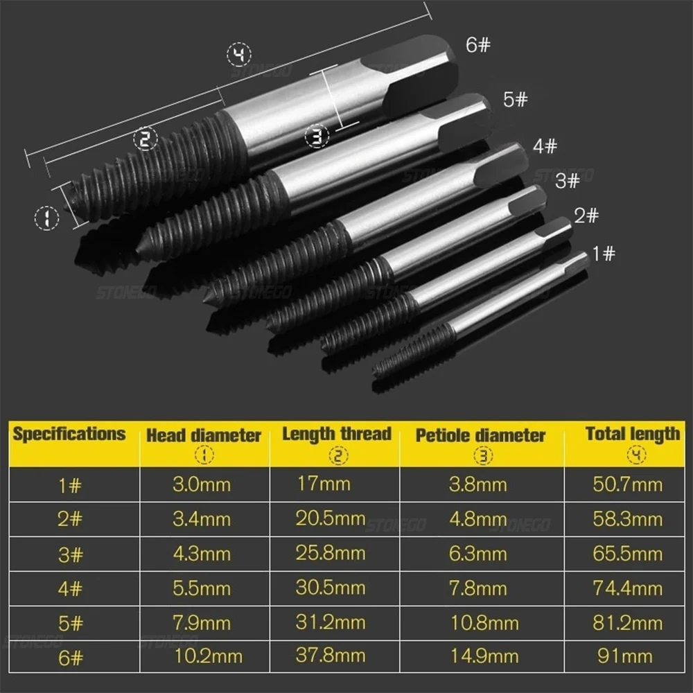 STONEGO 5 PCS/6 PCS Gebroken Beschadigd Schroevendraaier Extractor Boor Set Koolstofstaal Dubbele Zijschroef Pull Center boren