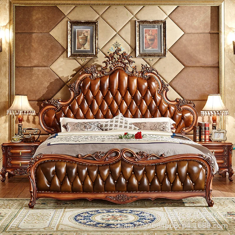 European solid wood carved leather bed, master bedroom 1.8 meters 2 meters bed, American classical first-layer