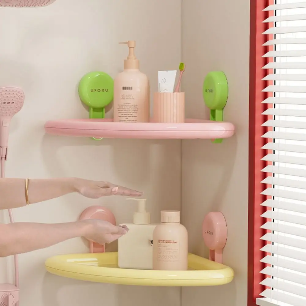 Plastic Suction Cup Triangle Shelf Punch Free Dopamine Color Shower Organizer Wall Mounted Drainable Corner Storage Shelf Home