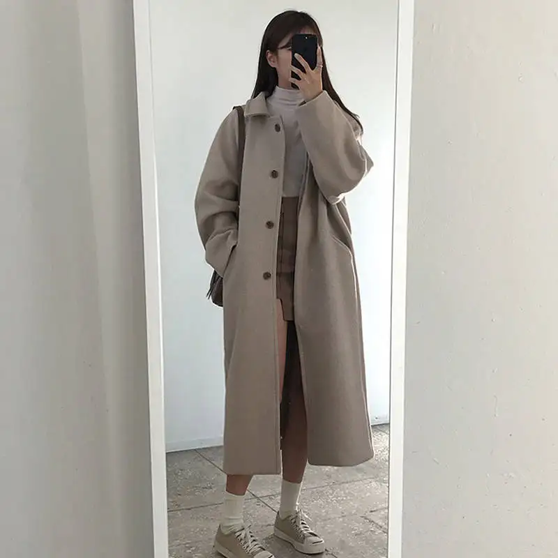 Black Long Coat Women Thick Winter Korean Short with Velvet Mid-length Woolen Coat Woman Parkas Free Shipping Wrap Coat Autumn