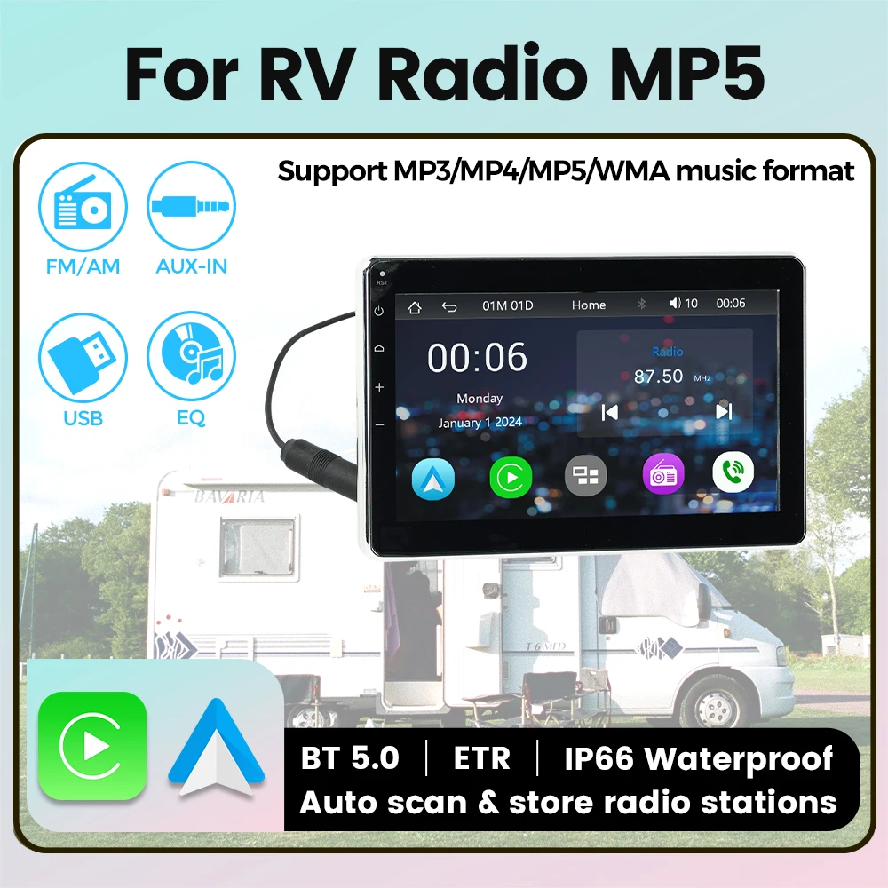

7-дюймовый HD-радио с сенсорным экраном для автодома, квадроцикла, UTV, тележки для гольфа, лодки, морского мультимедийного проигрывателя, CarPlay, Android Auto, IP66, водонепроницаемый DSP FM Mp5