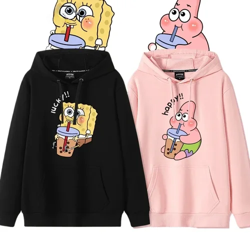 Sudaderas con capucha de otoño e invierno para mujer, Sudadera con capucha de Anime, ropa para parejas del mismo estilo, suéter para amantes de Bob Esponja con estampado de dibujos animados, abrigo con capucha holgado