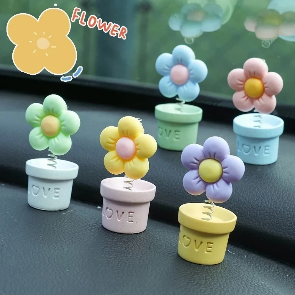 Cute Cartoon Dashboard Decoration Candy Color LOVE Flowerpot Car Shaking Spring Head Toy Resin Shaking Flower Pot Ornament