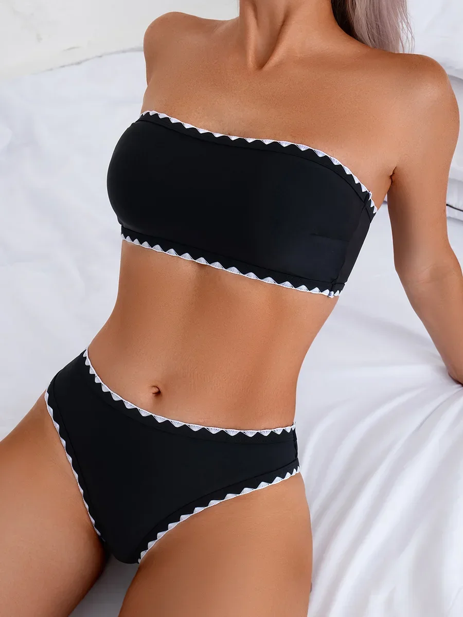 

XS - L Splicing Bandeau Mid Waist Bikini Female Swimsuit Women Swimwear Two-pieces Bikini set Bather Bathing Suit Swim Beachwear