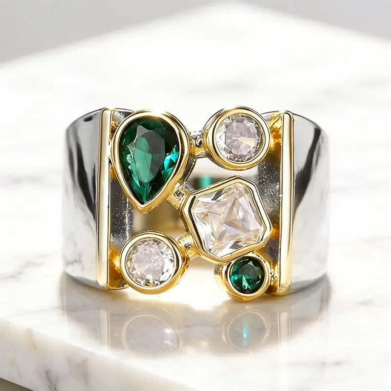 Huitan Geometrischer Damenring, zweifarbig, luxuriöses Hochzeits- und Partyzubehör, eingelegt mit glänzendem weiß/grünem CZ, Modeschmuck für Damen