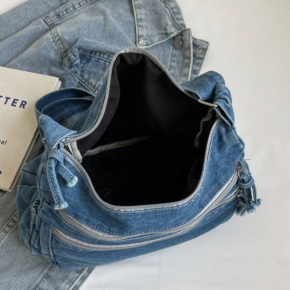 Vintage Denim Shoulder Bag Women\'s Large Capacity Messenger Bag Multi-pockets Satchel Bags Adjustable Strap Ladies Crossbody Bag