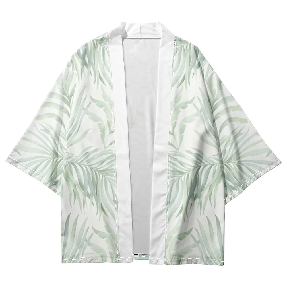 Palm Leaf Tiger Print Japanese Cardigan Kimono Women Men White Shirts Summer Beach Yukata Fashion Haori