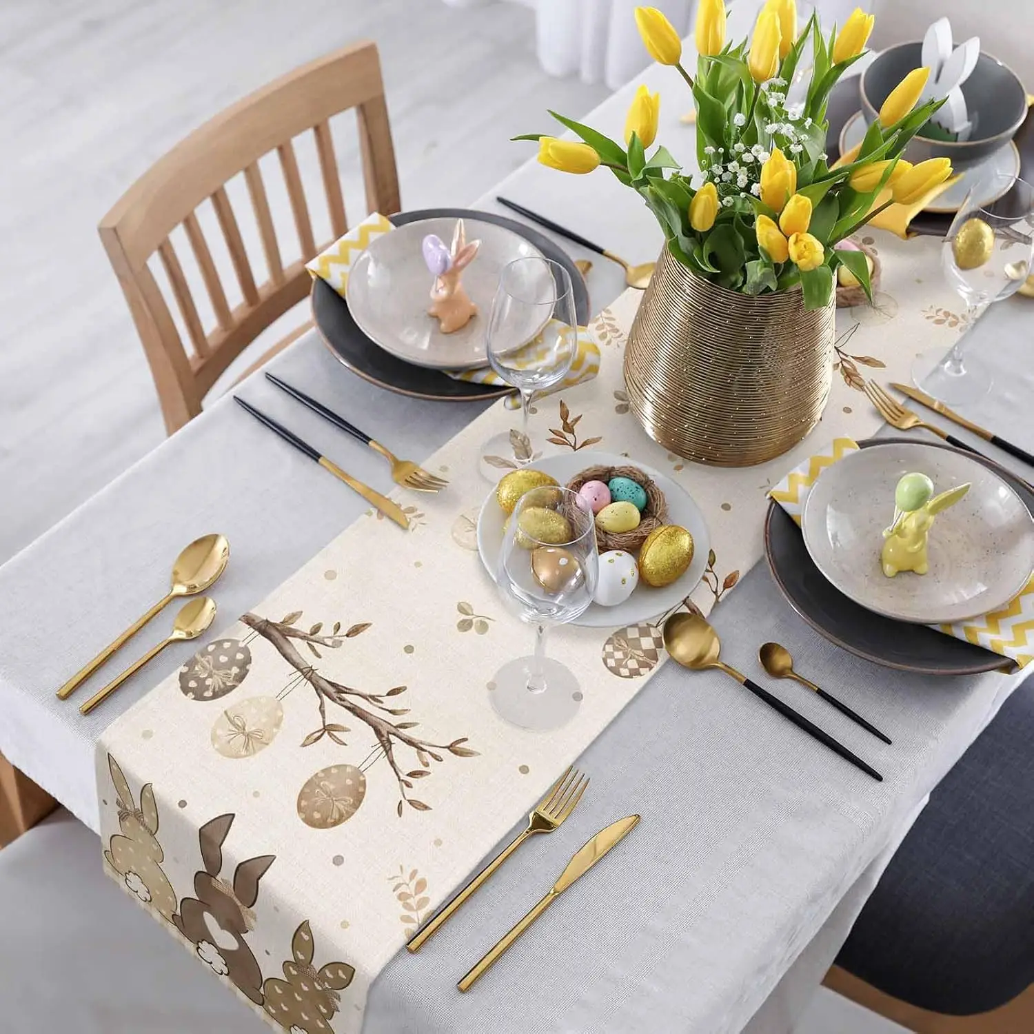Spring Easter Bunny Eggs Linen Table Runner Holiday Party Decor Washable Farmhouse Kitchen Dining Table Runner Easter Decoration