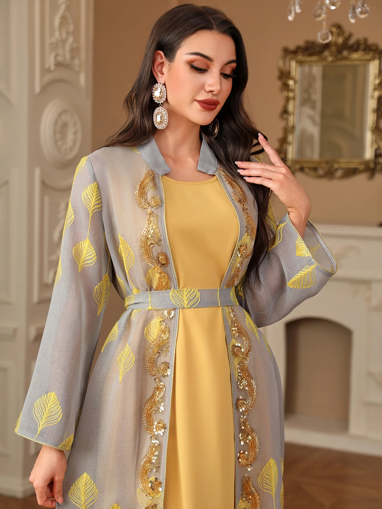 Eid มุสลิม Abayas สําหรับสตรี 2 ชิ้นชุดเย็บปักถักร้อยเสื้อสเวตเตอร์ถัก Robe Lace Up ชุดโมร็อกโก Kaftan อิสลาม Ramadan ดูไบชุด