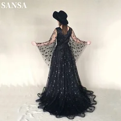 Sansa Black Trumpet Sleeve فساتين السهرة Gothic Star A-line Vestidos De Noche Long Sleeve Prom Dress فساتين سهره فاخره