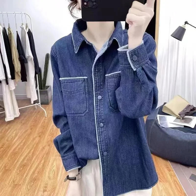 Korean Winter Fashion Boutique Add Velvet Denim Long Sleeve Shirt Women's Top 2025 Thick Collar Thickened Warm Coat For Female
