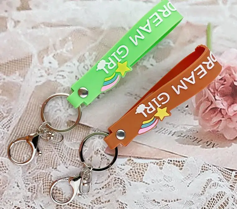 New cartoon rainbow soft rubber hand strap letter English leather rope key ring