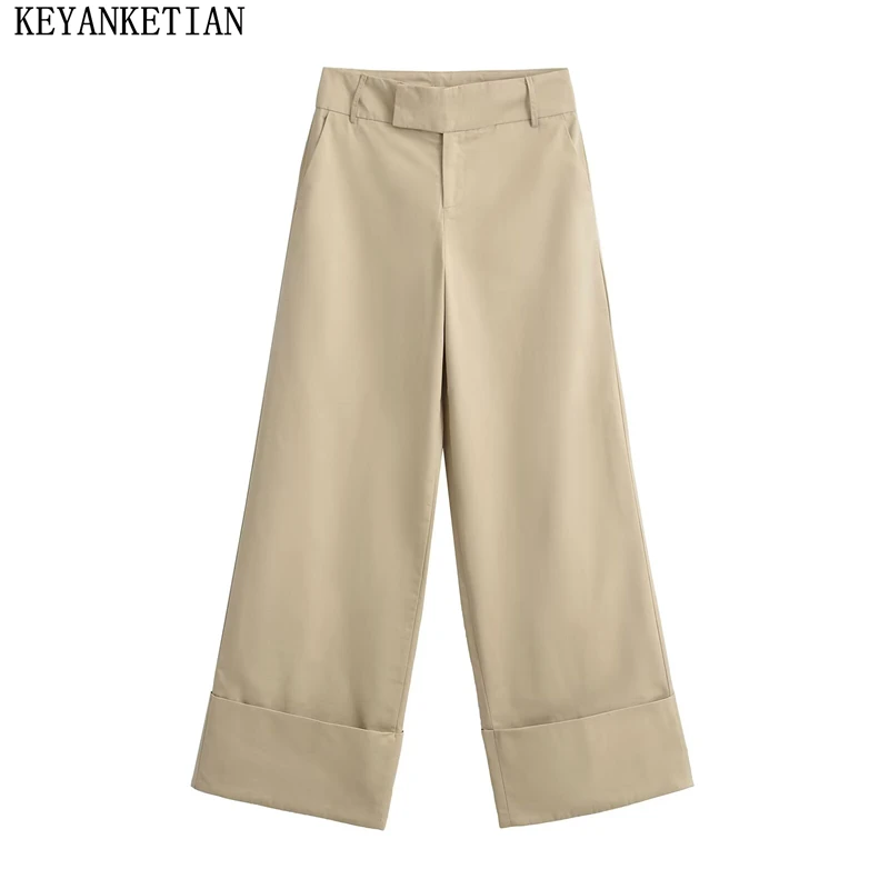 

KEYANKETIAN 2024 New Launch Women's Hem Design Straight-leg Pants Autumn Zipper Low Waist Loose Khaki Wide-leg Pants Trousers