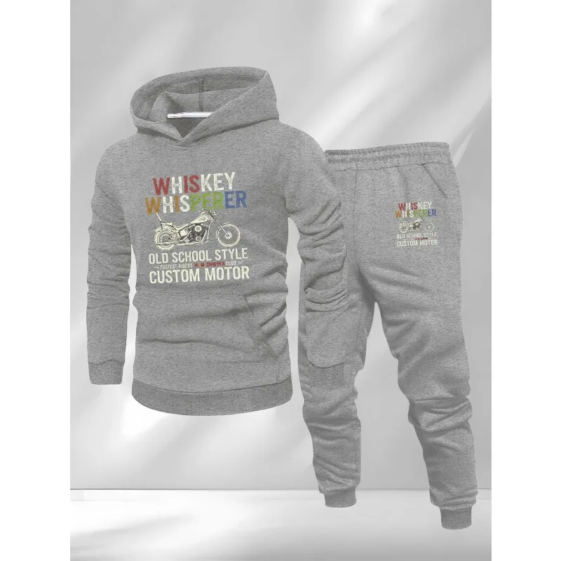 طقم سراويل بقلنسوة مطبوعة ثلاثية الأبعاد بأحرف دراجة نارية زرقاء عصرية للرجال من Street Fashion ملابس كاجوال يومية جماليات أزياء الشارع