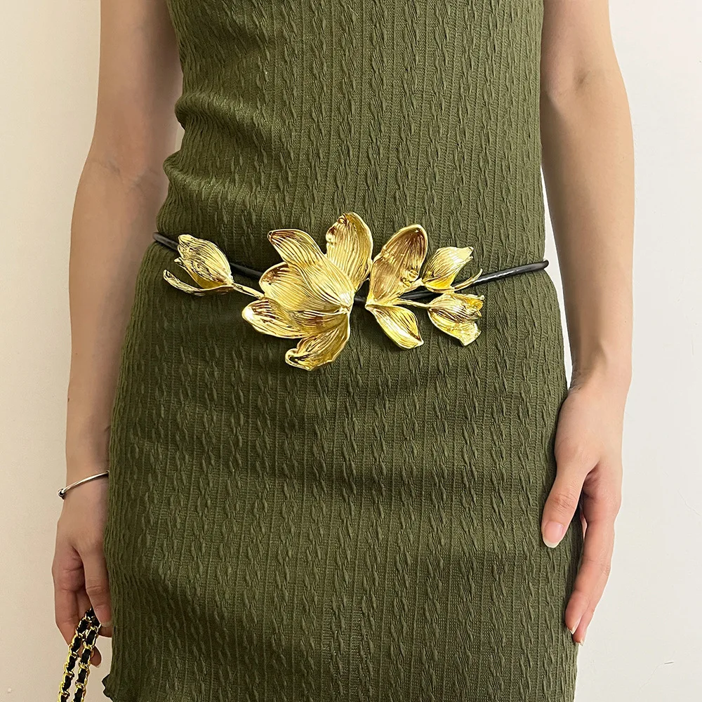 2025 Women Personality Exaggerated Golden Tulip Retro Yellow Flower Silver Belt Fashion Popular Black Leather Rope  Decorative