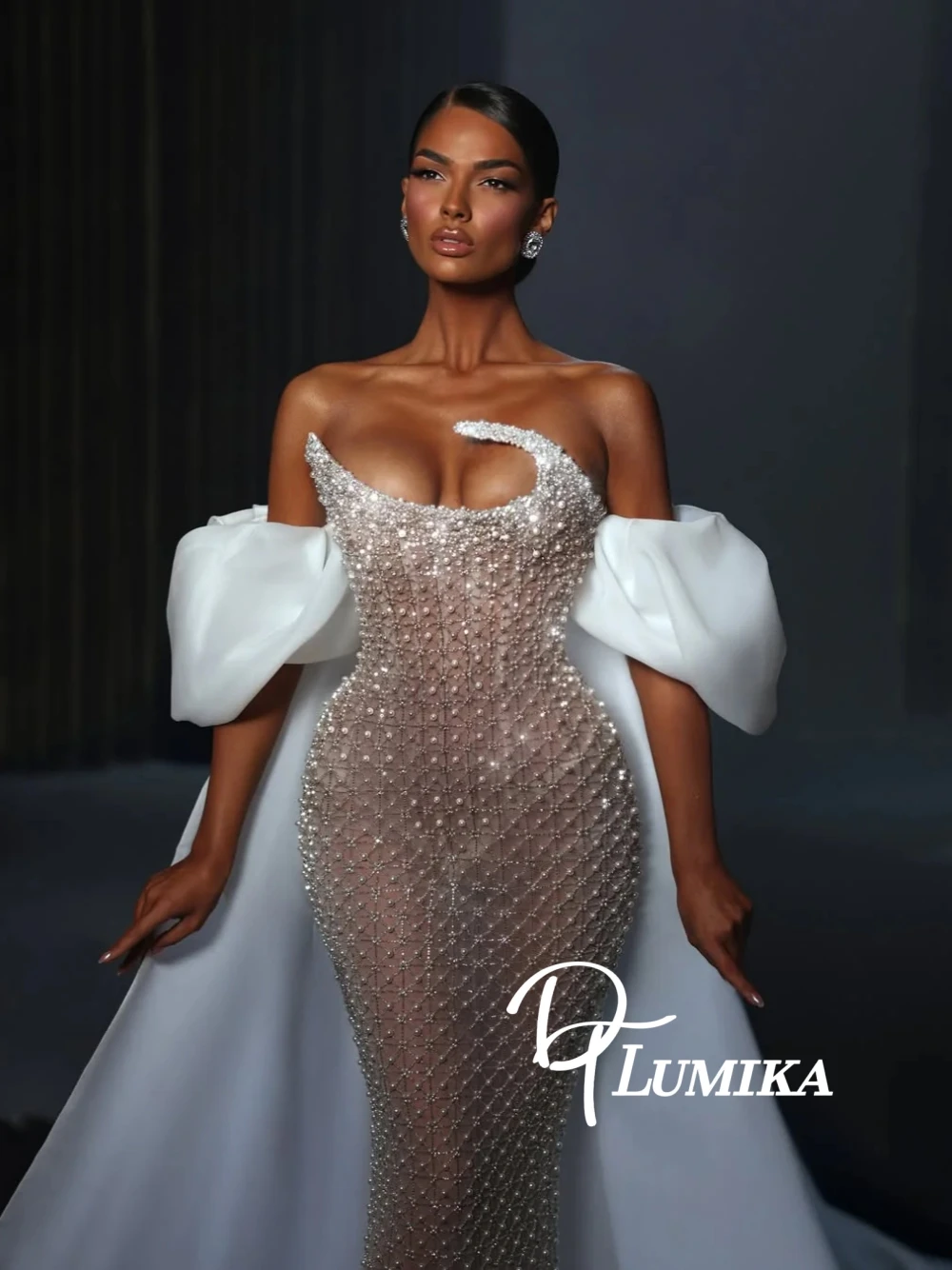DTLumika Exquisite Beaded Wedding Dress With Long Cape Shiny Illusion Customized Mermaid Bridal Gown Statement Party Wear