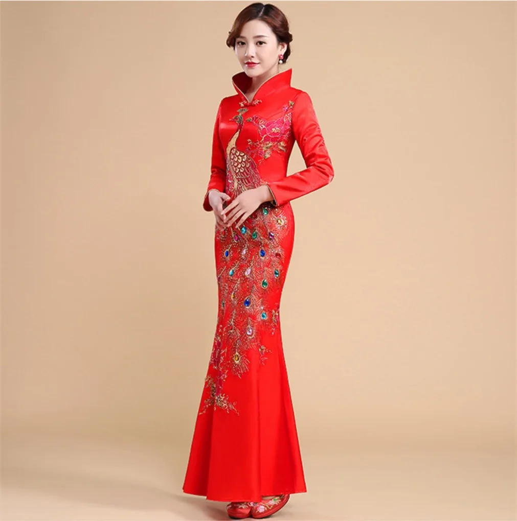 capodanno cinese vestiti delle donne abito lungo rosso cinese coda di sirena abito da sposa festa cheongsam qipao sposa plus size intrattenimento musiche e canzoni
