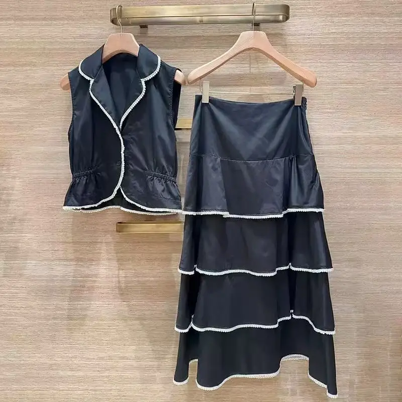 

Women Pearl Decoration Set Notched Collar Sleeveless Single Breasted Vest + High Waist Ruffles Layered Midi Skirt Elegant Suit