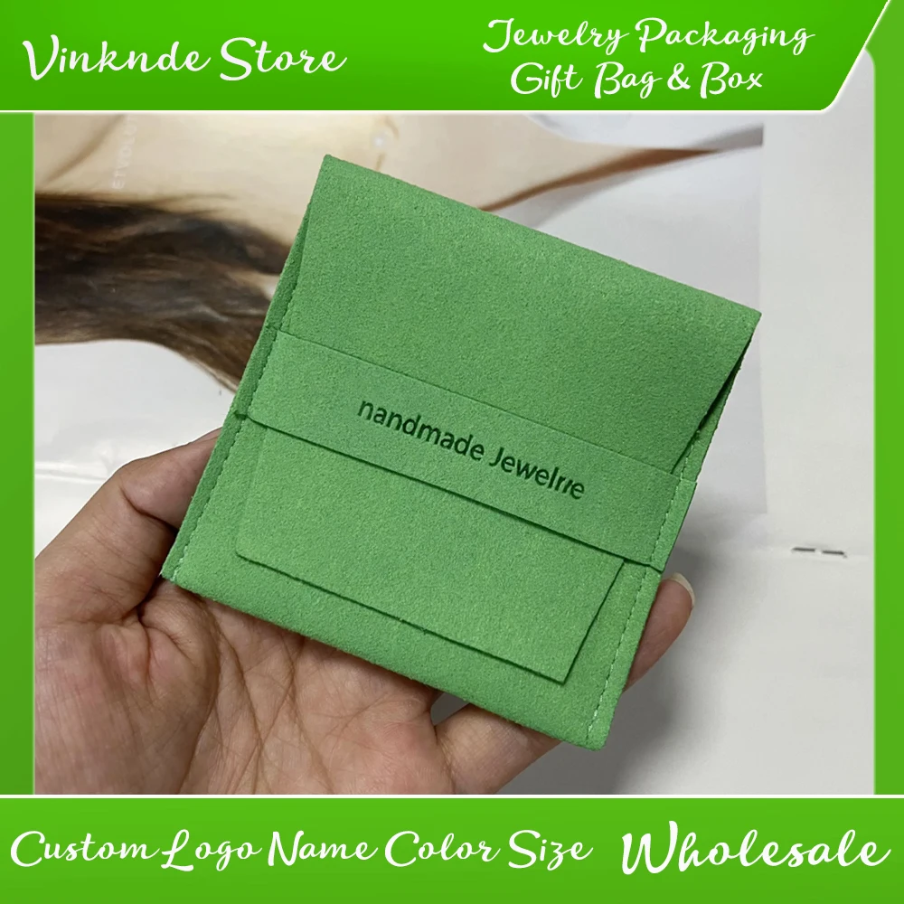 

Luxury Grass Green Microfiber Jewelry Pouch Earring Necklace Ring Gift Velvet Packaging Bag Custom Logo Wedding Travel Organizer