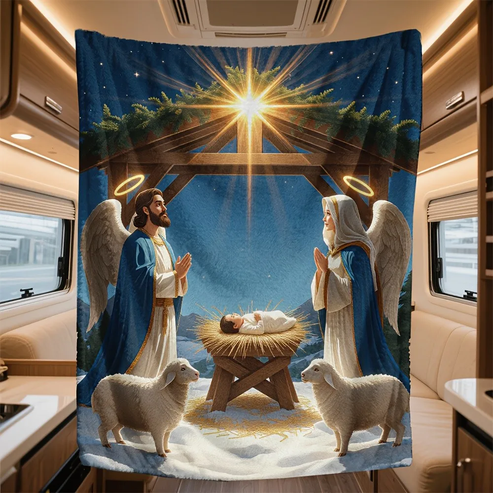 Nativity Scene Flannel Blanket Soft Warm Holy Family Angel Print Coral Fleece Throw for Christmas RV Camping Road Trips