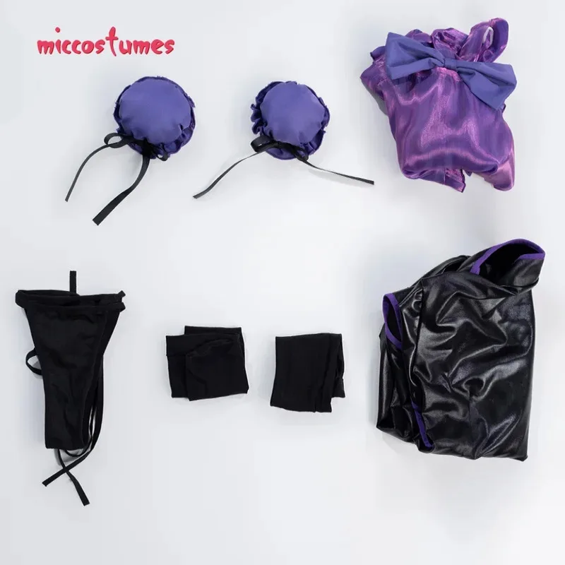 Miccostumes المرأة باو مثير مجموعة الملابس الداخلية هالوين الأرجواني خادمة نمط الصدر مفتوحة فستان شيونغسام مع المئزر ثونغ