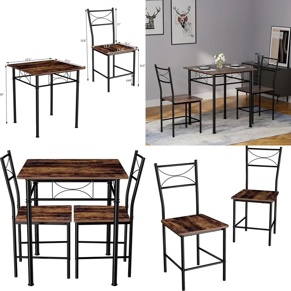 Compact 3-Piece Dining Set: Iron and Wood Square Table with 2 Chairs for Kitchen & Dining Room