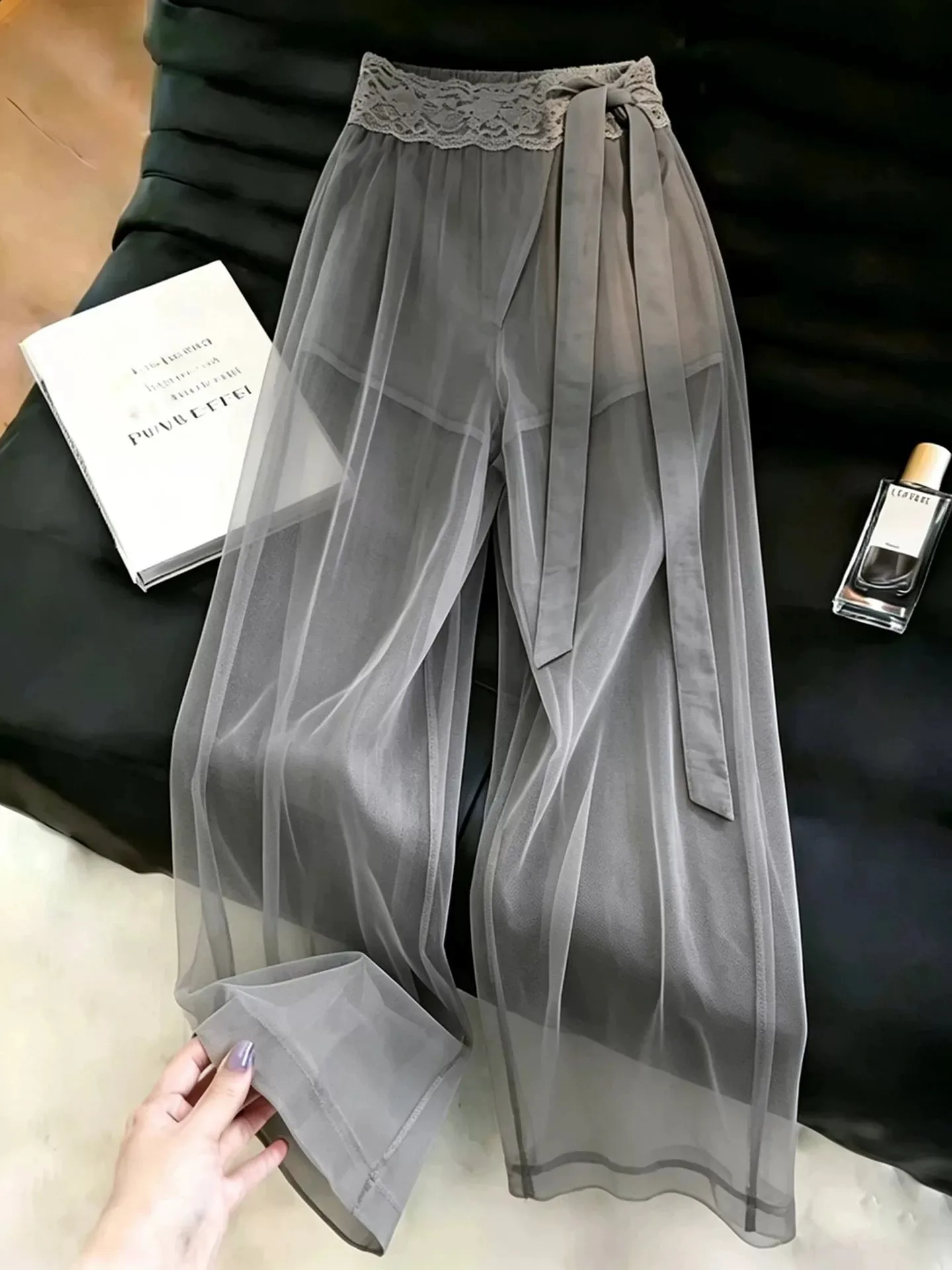 Elegant Grey Mesh Splice Straight Leg Pants Women's High Waist Drapey Slimming Thin Veil Wide Leg Pants Summer 2026 New