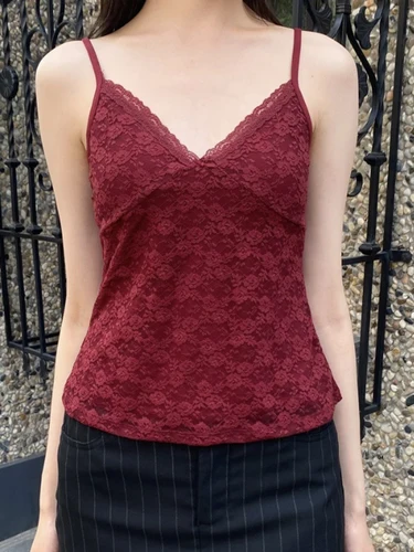 Imagen 2 del producto Nueva camiseta sin mangas ajustada de encaje Jacquard para mujer, chaleco recortado sin mangas con cuello en V y encaje Sexy, camisola sin espalda a la moda Vintage dulce de verano