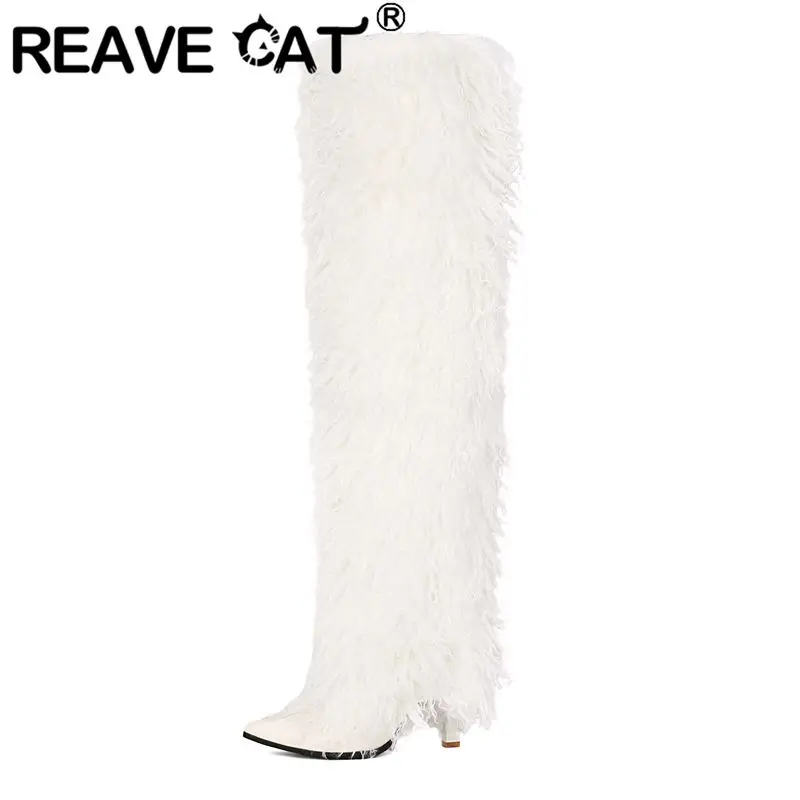 

REAVE CAT White Female Knee High Boots Pointed Toe 9cm Stiletto Slip On Extended Size 44 45 46 Warm Plush Dating Party Booties