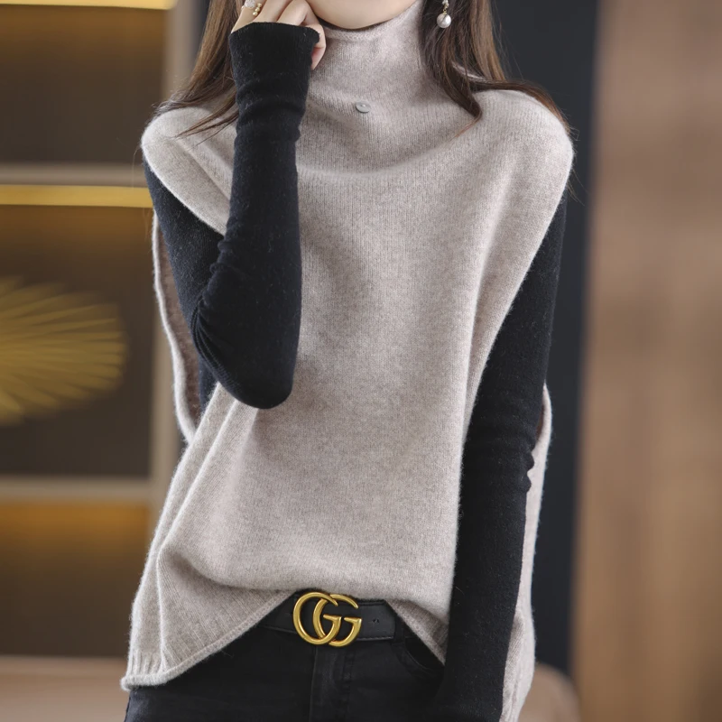 Hot Sale 2023 Autumn and winter Women's High Collar Chic Pullover 100% Pure Wool Vest Sleeveless Fashion Loose Warm Knit Sweater