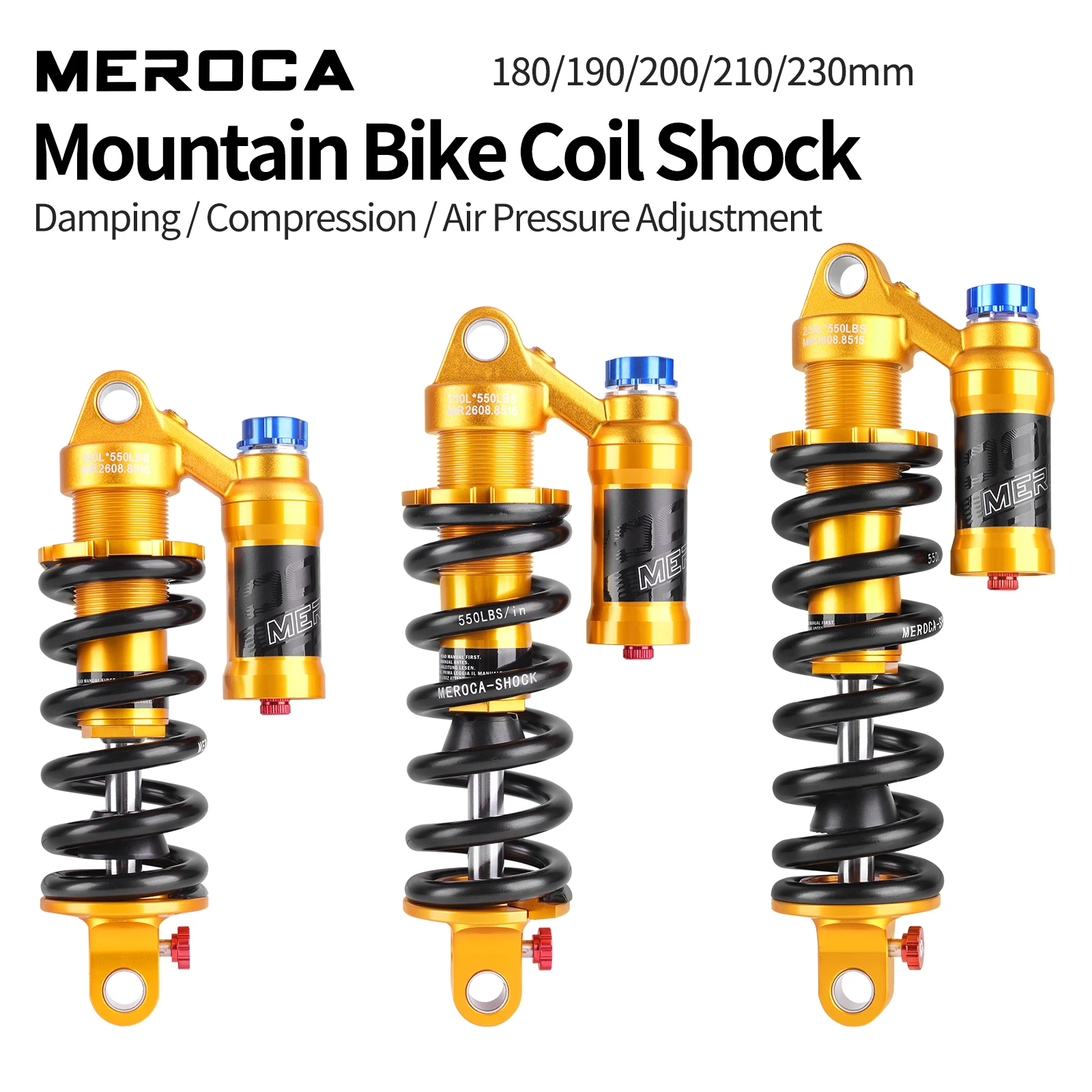 MEROCA MTB Ölfeder-Hinterbaudämpfer 550LBS 190/210/230mm mit Buchse, einstellbare Dämpfung, Softtail-Mountainbike-Federungsdämpfer