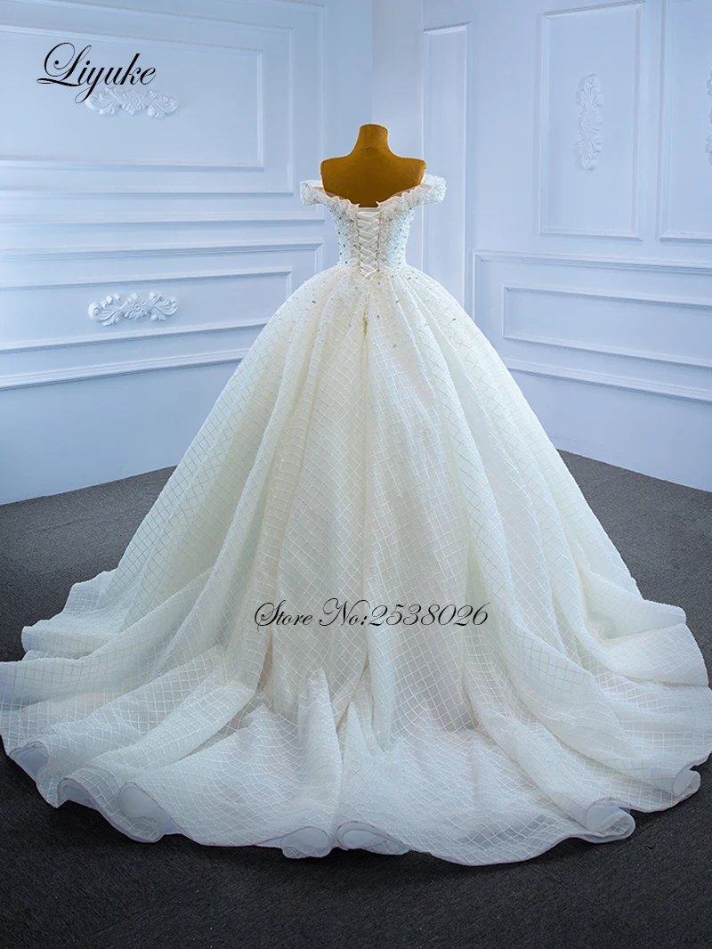 Liyuke Elegant Grid Yarn Ball Gown Wedding Dresses With Beading Pearls Corest Back