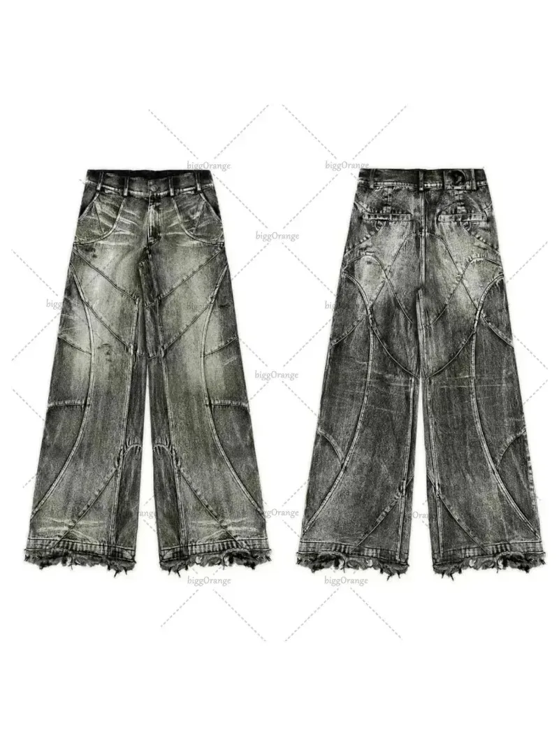 2024 New American Style Straight Pants High Waist Raw Edge Trendy Brand Oversized Jeans Men Y2K Retro Washed Wide Leg Pants