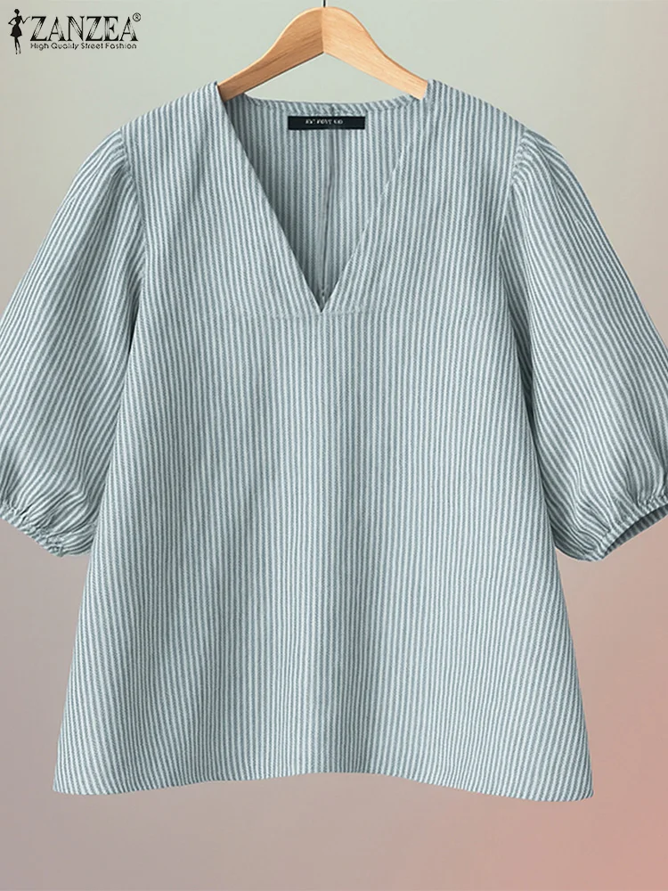 

ZANZEA Women Casual Striped Blouses 2025 Summer V-Neck 3/4 Lantern Sleeves Loose Blusas Mujer Day Wear Lightweight Chemise Femme
