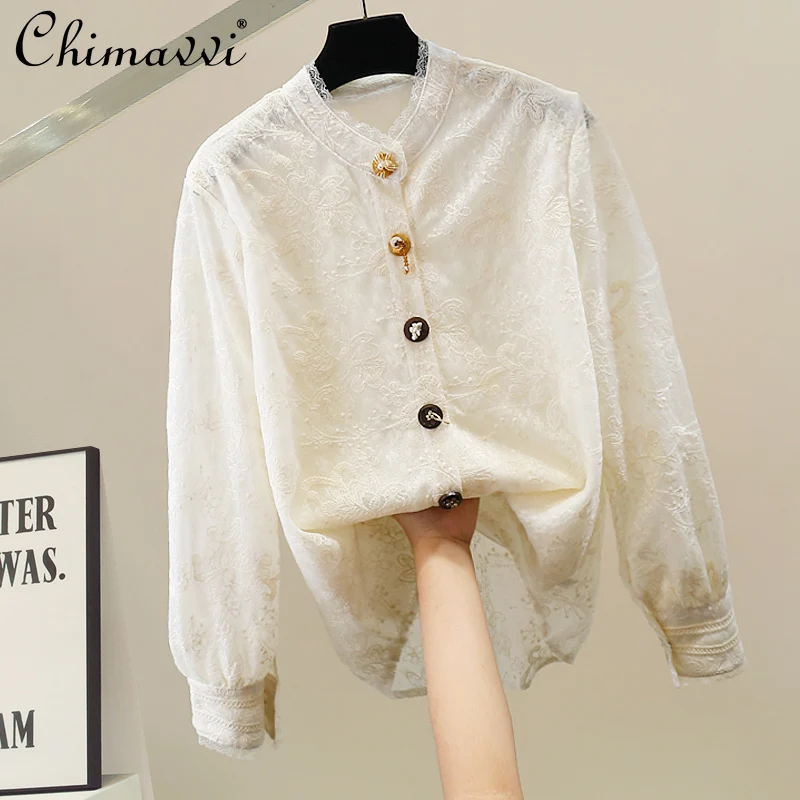 

Fashion Heavy Stand Collar Lace Blouse Women 2025 Autumn New High-end Long Sleeve Button Design Loose Elegant Women's Blouse Top
