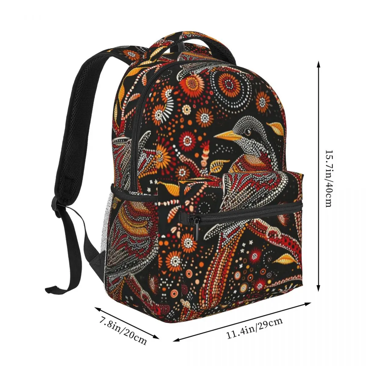 Mochila escolar informal ligera con estampado floral de un pájaro inspirado en el aborigen para la escuela, al aire libre y la oficina de 16 pulgadas