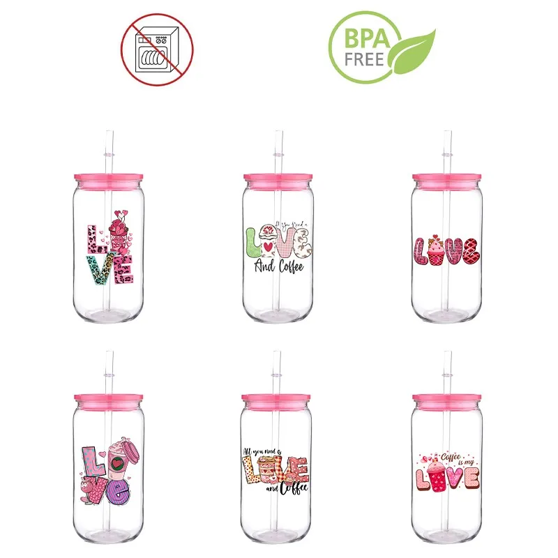 

Love Drink Design Theme Printed Transfer BPA Free Plastic Straw Cup Comes With Sreaw And Cup Lid Can Coffee 16 OZ