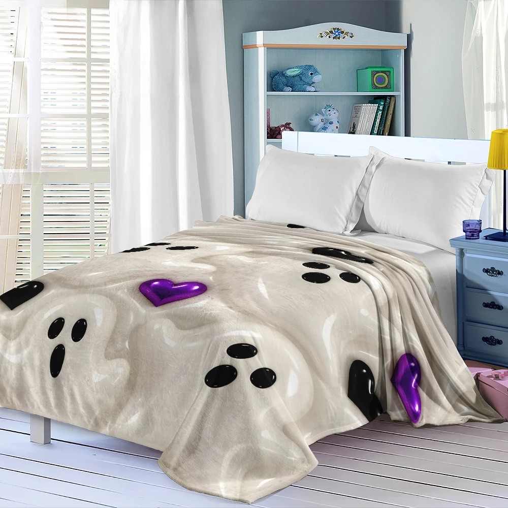 White 3D Ghosts Hearts Flannel Blanket Perfect For Sofa Office Bed Travel Sleep Read Relax Camping Four Season Use