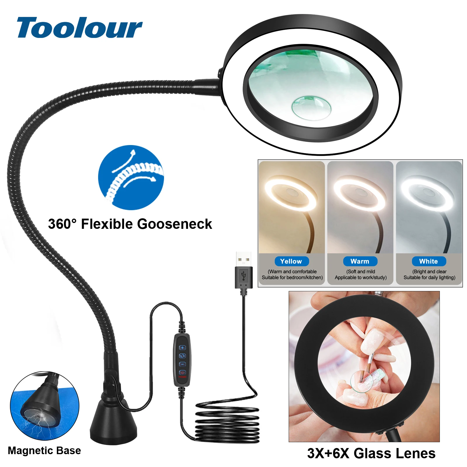 Toolour 3X+6X Illuminated Magnifier LED Desk Lamp Gooseneck Arm Magnetic Base Magnifying Glass Soldering Iron Repair/Table Lamp