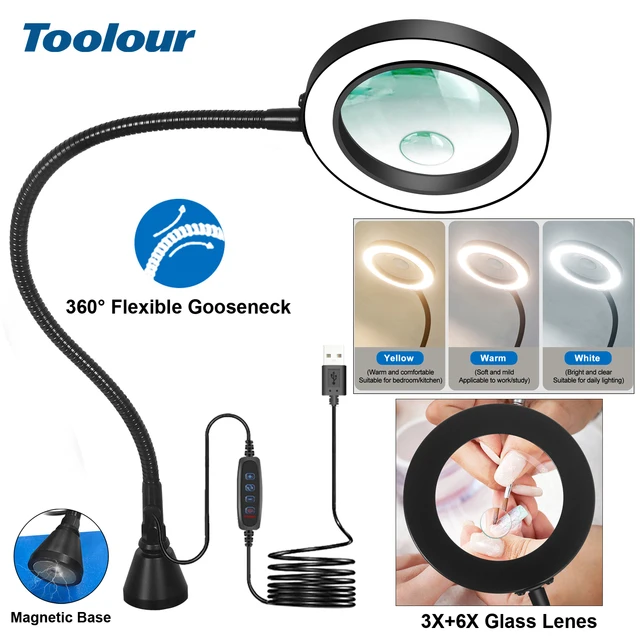 Lupa powiększająca Toolour 3X+6X z podświetleniem LED, lampka biurkowa na gęsiej szyi, magnetyczna podstawa, szkło powiększające, lutownica, naprawa/lampa stołowa
