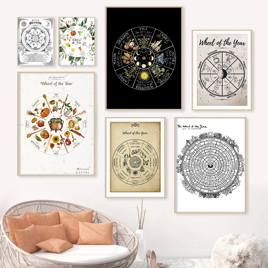 Wheel of the Year Prints Magic Witchcraft Book of Shadows Vintage Poster Wall Art Picture Retro Canvas Painting Study Wall De