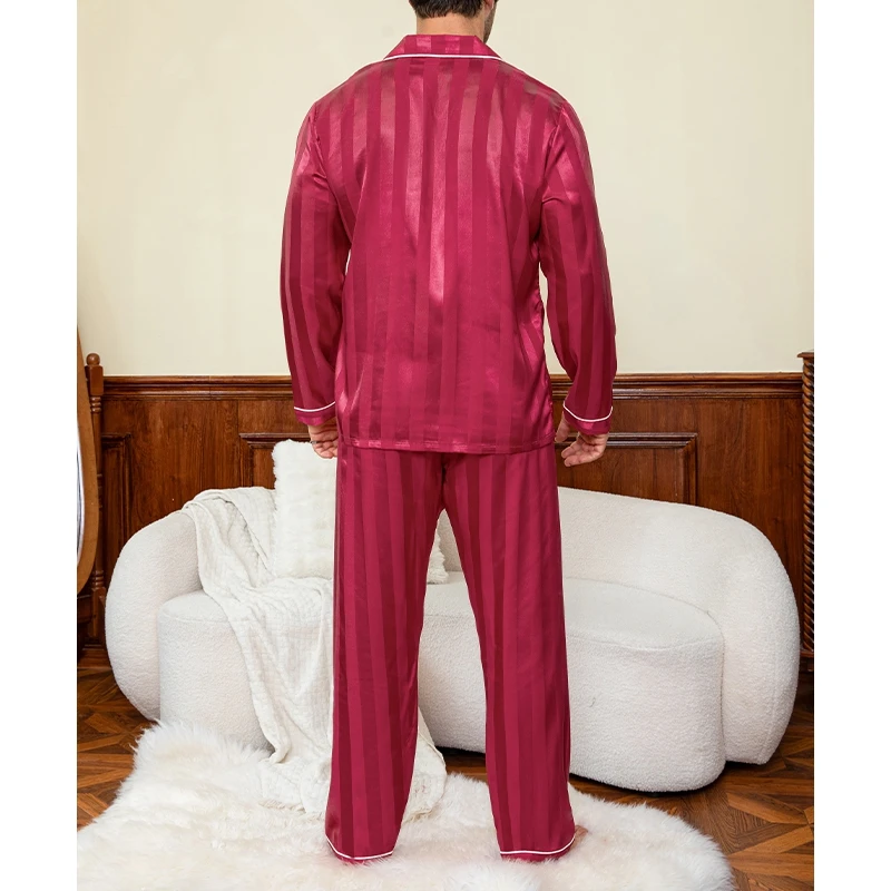 طقم بيجامة رجالي مريح من الساتان مطبوع عليه شريط الحب وجيب على الصدر وأكمام طويلة وطية صدر السترة وسراويل تناسب قمصان النوم Hombre Pjs
