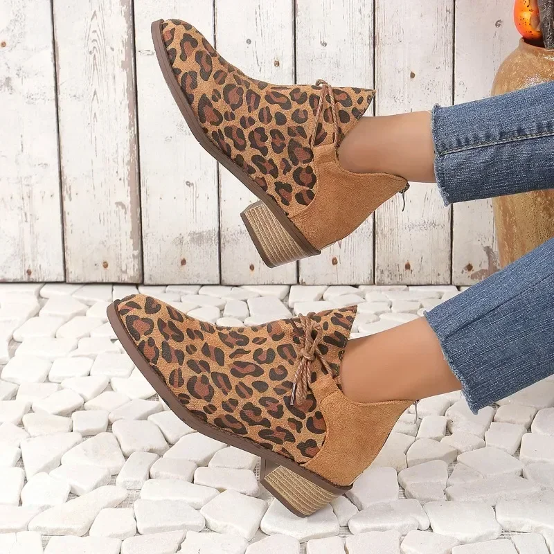 Leopard Women Ankle Boots Pointed Toe Heels Shoes New Autumn Winter Casual Lace-Up Woman Boots Fashion Pumps Zapatillas De Mujer