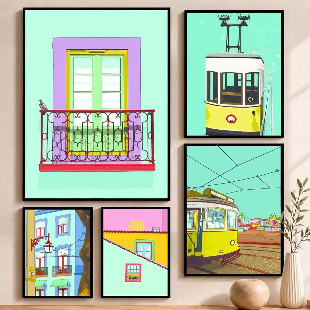 Color Block Architecture Poster Stickers HD Painting Self-Adhesive Art for Bedroom Living Room Home Decor Wall Decals Gift