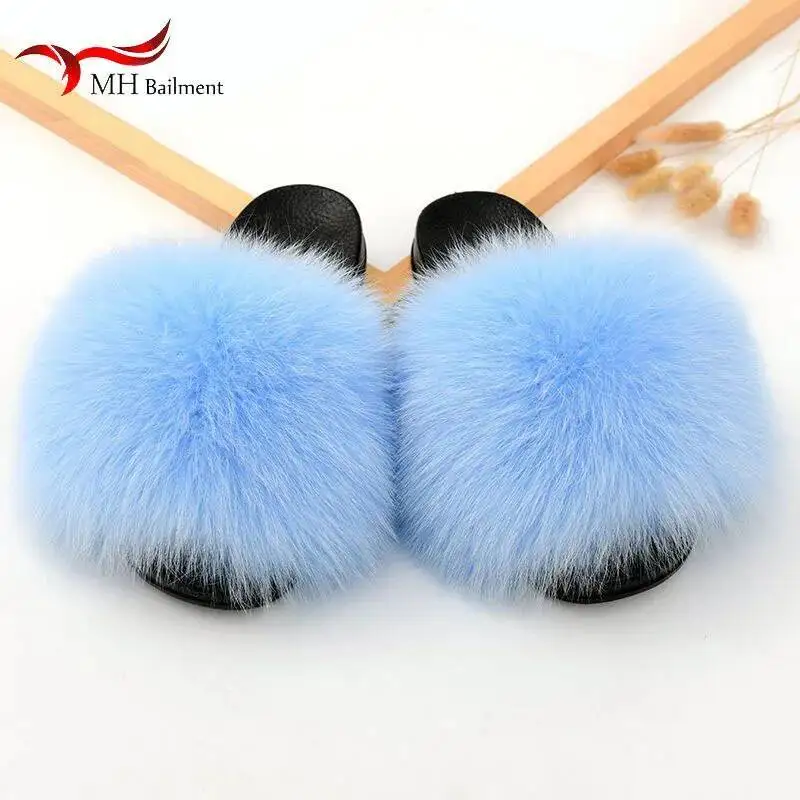 

Summer Women Fox Fur Furry Slippers Flat Pink Heels Fluffy Fur Solid Color Slides Quality Cozy Raccoon Fur Sandals House Shoes