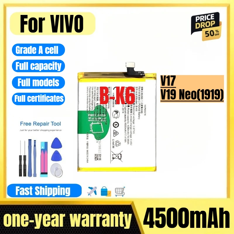 

B-K6 for VIVO V17/V19 Neo(1919) Phone Battery 0 Cycle High Quality High Capacity Replacement Bateria Grade A Cell with Tools